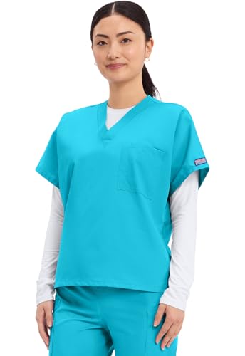 Image of Cherokee Scrubs for Women and Men Unisex V-Neck Tunic Nursing Scrub Top with Chest Pocket, Tuckable Durable Fabric - 4777 | 1 Chest Pocket For Essentials, Traditional Fit, Durable Construction, Comfortable Knit Details, Easy Care, Tuckable Style
