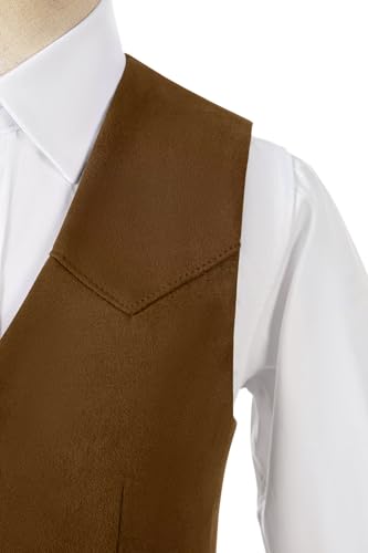 Image of Retro Boys Western Cowboy Vest for Kids Leather Suede Waistcoat | vintage dress vests, welt pockets, v-neck, adjustable waist, formal slim fit, wedding outfit, farm christmas birthday prom