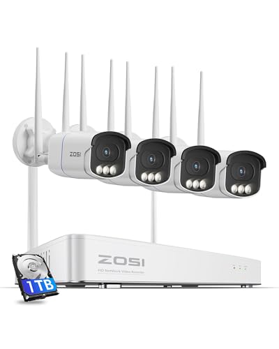 ZOSI Kit Cámaras de Vigilancia WiFi 4pcs 5MP Cámara Seguridad Exterior/Interior con 4K 8CH CCTV Grabador NVR y 1TB Disco Duro, Visión Nocturna Color, Detección de Persona y Vehículo, Grabación 24/7