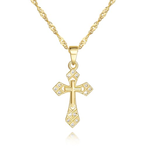 Gold Cross Necklace 14K Gold Cross Necklace for Women Crosses Pendant Necklaces for Women Double-Layered Design with Zirconia Crosses Chain for Womens 43+5cm