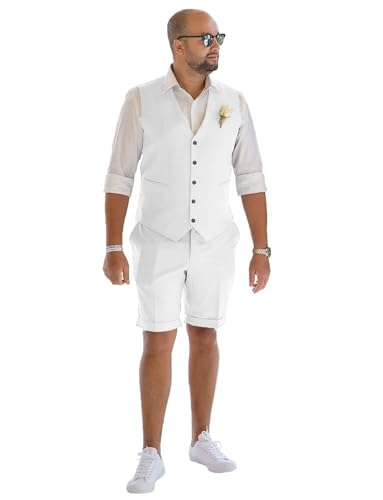 Linen Wedding Suits for Men 2 Piece Groomsmen Vests Summer Beach Prom Vest and Shorts Set