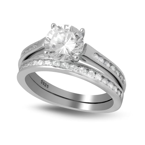 Victoria 2 Ct Wedding Ring Set for Women by Ginger Lyne | Sterling Silver Solitaire Engagement Ring Matching Anniversary Band for Her | Hearts and Arrows Cubic Zirconia Bridal Jewelry