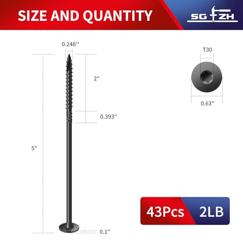 Image of #14 x 5 Inch Outdoor Structural Wood Deck Screws (43Pcs /2lb), Carbon Steel, Black, Flat Head, Rust Resistant Epoxy Coated, T30 Star Bit