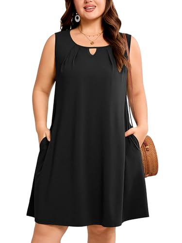 Image of AusLook Plus Size Summer Midi Dress for Women Sleeveless Casual A Line Swing Dress with Pockets Keyhole Neck Beach 1X-5X