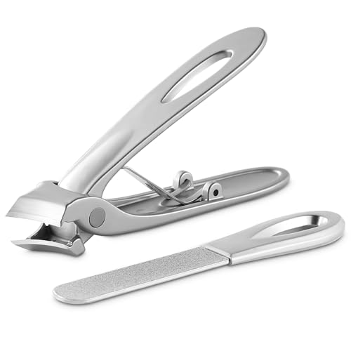 HAWATOUR Nail Clippers with Nail File for Ingrown Toenails, 10mm Wide Jaw Opening, Ultra Sharp Slant Curved Cutting Edge Nail Cutter (Silver)