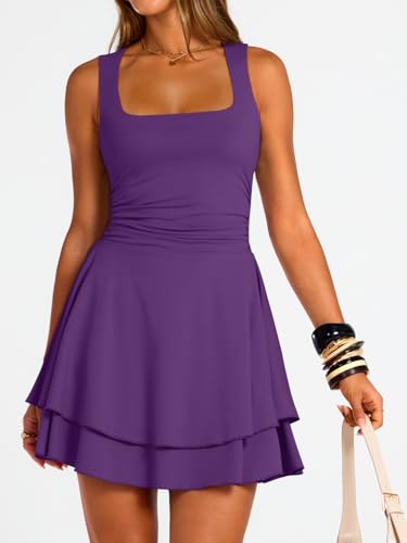 Image of Trendy Queen Women's Square Neck Summer Party Flowy Ruffle Hem Ruched Waist Mini Dress