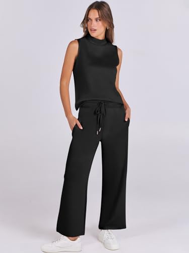 ANRABESS Women 2 Piece Outfits Summer Lounge Sets Mock Neck Top Wide Leg Pants Casual Fashion Tracksuit 2025 Travel Clothes2