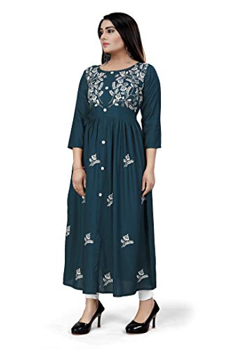 Image of Women's Rayon Flared Embroidery Kurti Under 599 Designer Attractive Look Women's Kurta