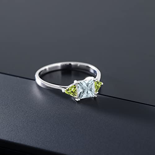 Gem Stone King 10K White Gold Sky Blue Aquamarine and Green Peridot 3 Stone Engagement Ring For Women (0.86 Cttw, Gemstone March Birthstone, Princess Center 5MM, Trillion 3.5MM)4