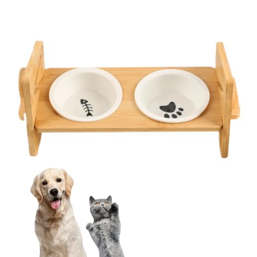 【Outop】 猫 えさ 皿 食器台 猫 犬用 フードボウル 水ボウル ペット用品 陶器皿250ML*2個 高さ調節可能 4段階 滑り止めパッド付き 傾斜15度 猫 犬用 食器 ペット 頸椎を保護 天然竹 (木の棚です)