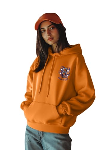 Image of JUNEBERRY Cotton Poly Fleece Oversized Fit Black, Green, Magenta, Mustard, Orange, Purple, Blue, Off White & Grey Graphic Printed Full Sleeve Hoodie for Women
