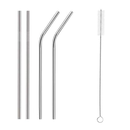 Stainless Steel Straws with Cleaning Brush for Kids & Adults | Bent Reusable Metal Straws (Pack of 2 Straight & 2 Bent Reusable Metal Straws, Silver)-image-18