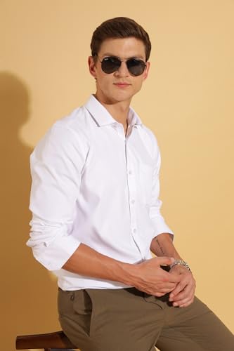 Image of Fyltr Men's Regular Fit Shirt - Dobby Self Design| Full Sleeve | Functional Patch Pocket | White Formal Shirts for Men