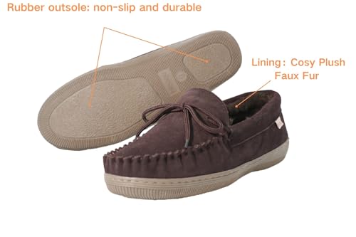 Image of PEDOQU Men's Moccasin Slippers,Genuine Leather Upper Indoor /Outdoor Shoes