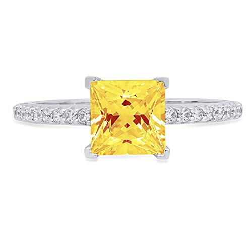 Clara Pucci 1.76 ct Princess Cut Solitaire Accent Stunning Genuine Flawless Natural Yellow Citrine Gem Designer Modern Statement Ring Solid 18K White Gold Size 5.5