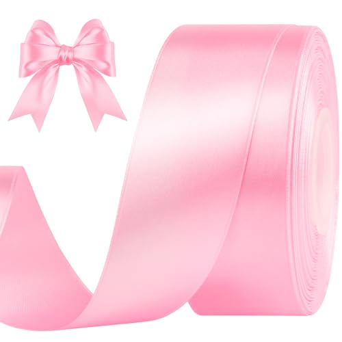 CLUEWR 1-1/2 Inches 50 Yards Pink Satin Ribbon, Solid Fabric Ribbon Roll for Flower Bouquets, Gift Wrapping, Wedding, Handmade Crafts