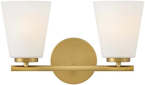 Lark Bri Small Two Light Bath Vanity, Etched Opal Glass, Install Up/Down, Lacquered Brass Finish