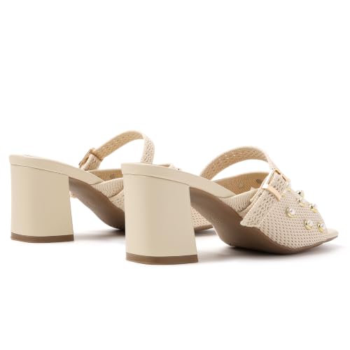 Image of Tilocow Knit Heeled Sandals for Women Square Open Toe Heeled Mules Chunky Block Low Heel Slip On Slides