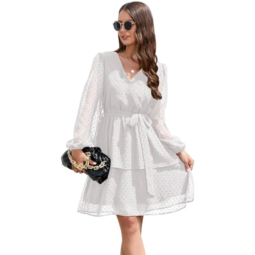 KOEMCY Damen Swiss Dot Chiffon Minikleid V-Ausschnitt Langarm A-Linie Freizeitkleid Gürtel Boho Kleid Herbst Kleider Strandkleid (Weiß,M)