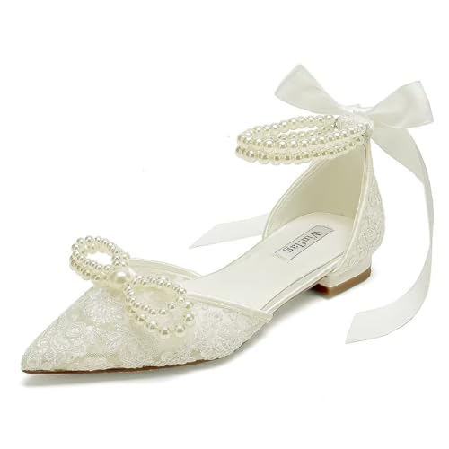 Image of Pearl Wedding Shoes for Bride Flat Lace Bride Shoes Pointed Toe Bridal Flats