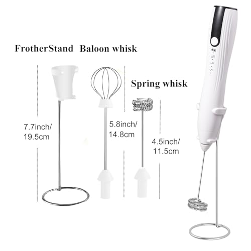 Image of Rechargeable Milk Frother Handheld with Stand, Coffee Foam Frother Wand, Detachable Stainless Steel Whisk Drink Mixer for Coffee, Cappuccino, Lattes, Frappe, Matcha,Egg and Hot Chocolate, White