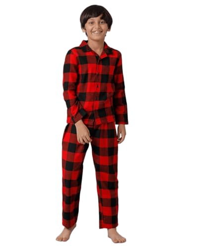Image of Under Fourteen Boys Cotton Night Suit Set | Soft Breathable 2Pcs Sleepwear /Nightwear /Sleepsuit /Loungewear Co-Ord | Checks Top & Pyjama | Elastic Waist & Pockets | Multicolor Pajama Party & Gifting Set