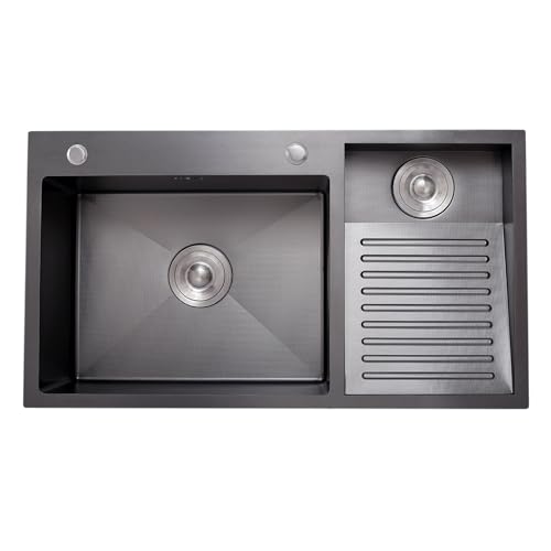 AIVANOTO Fregadero De Lavandería Sus, Fregadero Grande con Tabla De Fregar Integrada, Pileta De Lavado De Doble Cubeta, con Kits De Drenaje, para Lavadero, Balcón, Sótano(Black-B,80x48x22cm)