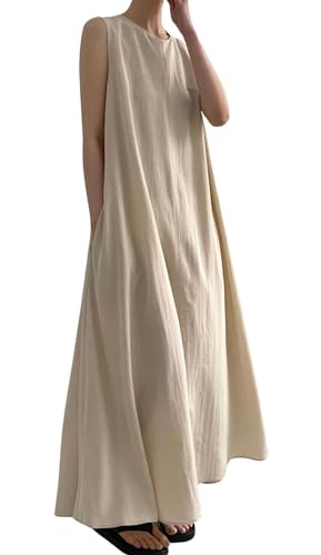 CHARTOU Women Casual Cotton Linen Sleeveless Maxi Dress Ruffle Shift Dress Flowy...