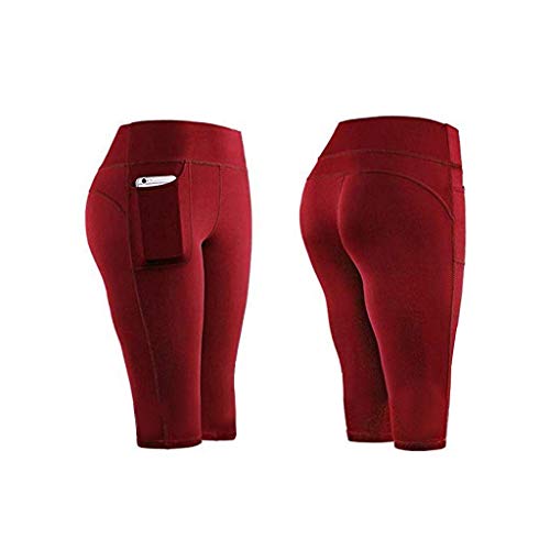 KUKICAT Women Stretch Yoga Leggings Fitness Running Gym Sports Pockets Active Pants Wine Red