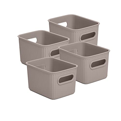 Superio Ribbed Collection - Decorative Plastic Basket Open Home Storage Bins Organizer, Small Taupe (4 Pack) Container Boxes for Organizing Closet