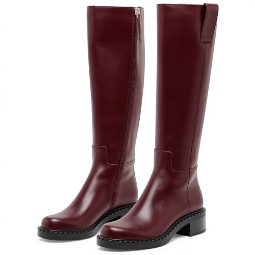 Image of KaroNairy Women Knee High Boots Faux Leather Long Boots Low Chunky Heel Square Toe Side Zipper Fall Tall Boots