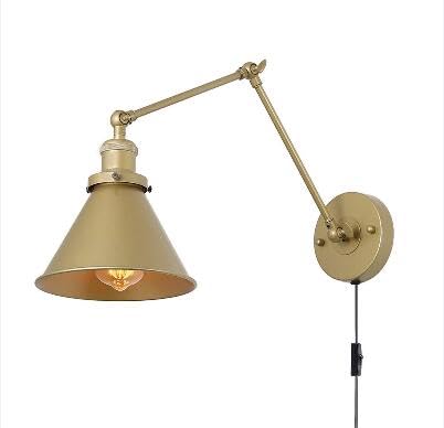 Lámpara de pared industrial para lectura en dormitorio con brazo ajustable de metal oro