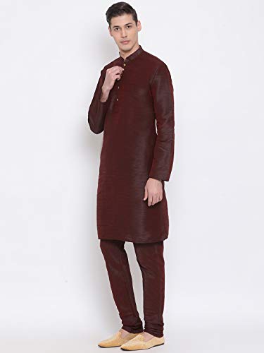 Image of VASTRAMAY VM Mens Silk Blend Kurta Pyjama Set - Classic Ethnic Attire for Timeless Style and Cultural Celebrations | Soft Comfortable Solid Full Sleeves Kurta and Churidar Pyjama Set