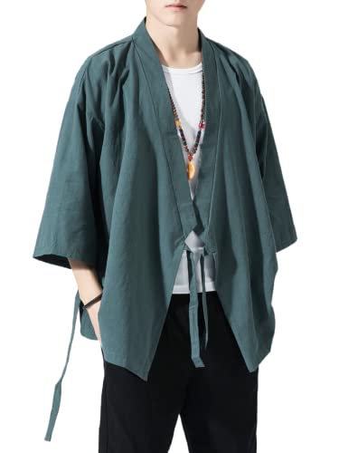 Image of Men's Japanese Kimono Cardigan Loose Cotton Linen 3 /4 Sleeve Open Front Casual Summer Shirt Jackets