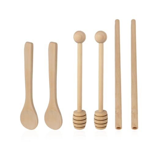 DHSBGWSX 2 cucharas de miel, 2 cucharas de madera, 2 pajitas de madera, cucharas mezcladoras, mezcladoras de miel, cucharaditas, agitador para bebidas, accesorios de cocina