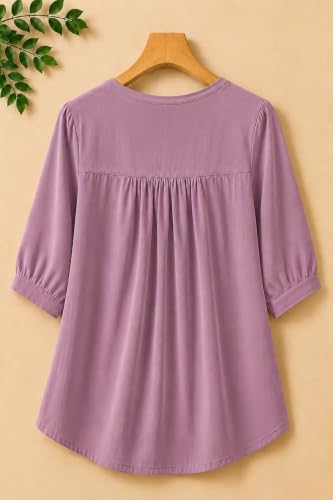 Image of RIEKA Womens Embroidered Korean Style Top and Tunic; V Neck| Floral Thread Embroidery| Three Quarter Puff Sleeves |Relaxed Fit Curved Hem| Casual Everyday Fusion Top