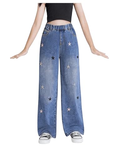 WDIRARA Girl's Star Embroidery Denim Pants Elastic Waist High Straight Leg Jeans