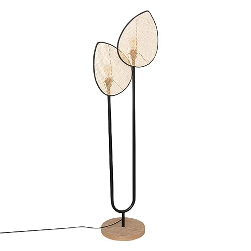 Atmosphera - Lampadaire Double Olme - H 143 cm, Abat-Jours en Cannage - Métal Noir et Bois, Design Scandinave - Pour Salon, Chambre