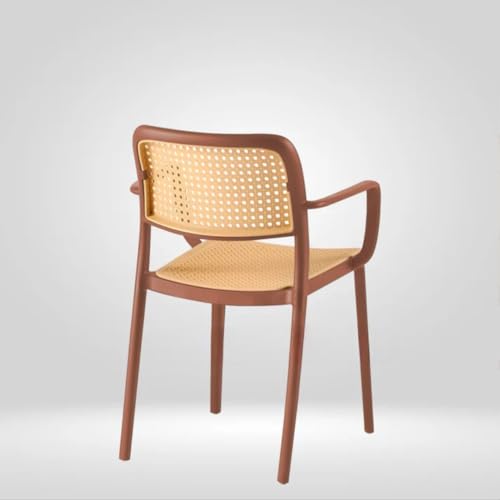 Image of Creative Cafe Chair Set with Stylish Woven Backrest and Comfortable Arm Design - Perfect for Cafeterias, Restaurants, Coffee Shops, and Indoor Dining Spaces (Pack of 4) (Brown)