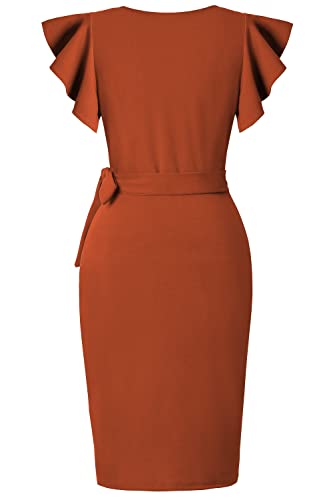 Image of oten Womens Deep V Neck Ruffle Sleeve Sheath Casual Cocktail Party Work Faux Wrap Dress