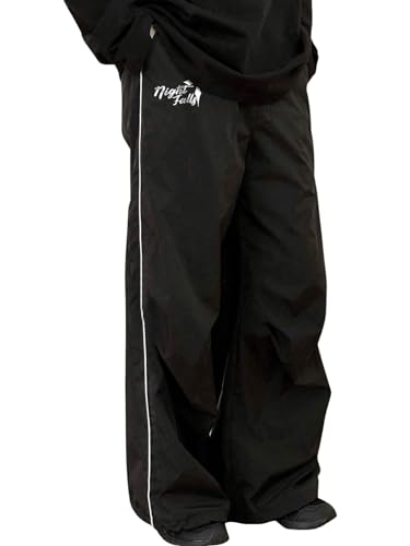 OYOANGLE Men's Loose Fit Baggy Pants Letter Graphic Drawstring Waisted Streetwear Wide Leg Pants