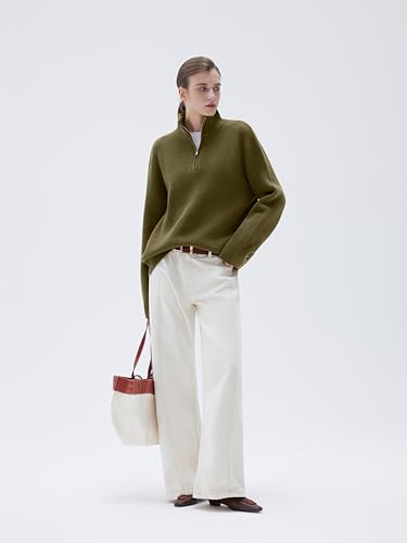 Image of SUUKSESS Women Cashmere Blend Oversized Quarter Zip Pullover Sweater Long Sleeve Collared Ribbed Knit Jumper Tops