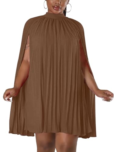 Image of Women's Casual Cape Sleeve Pleated Split Short Dress Loose Fit Cocktail Party Flowy Dress
