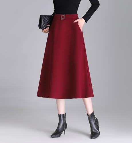 Womens Vintage High Waist Wool Long Skirt A-line Fall/Winter Classic Solid Color Midi Skirt3