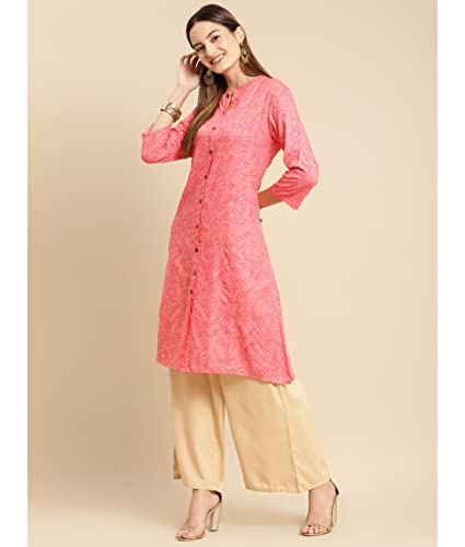 Image of rangita Peach Rayon Calf Length Embellished Straight Kurti for Women | Kurta for Women