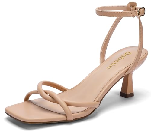 DOBOLIN Wide Width Nude Heels for Women 2.5-inch Kitten Strappy Heels Square Open Toe Ankle Strap Sandals Comfortable Dressy Party Wedding Shoes, Size 10