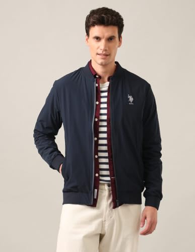 Image of U.S. Polo Assn. Men's Cotton Navy Solid Stand Collar Bomber Standard Length Jacket (2Xl)