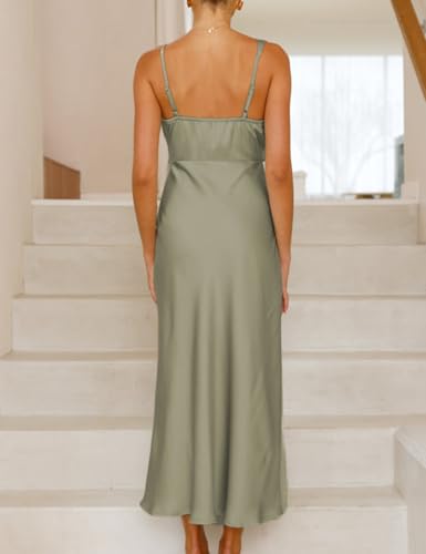 Image of Summer Satin Cowl Neck Midi Dress for Women 2026 Elegant Formal Silk Spaghetti Strap Backless Wedding Guest Dresses
