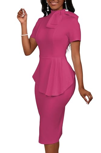 Image of PerZeal Women's Fashion Peplum Bodycon Short Sleeve Work Dresses Bow Club Ruffle Pencil Formal Cocktail Dress