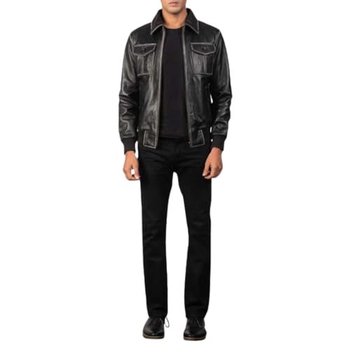 Premium Leather Bomber Jacket, Black, Classic Style with Front Pockets, Ribbed Cuffs, Zip Closure2